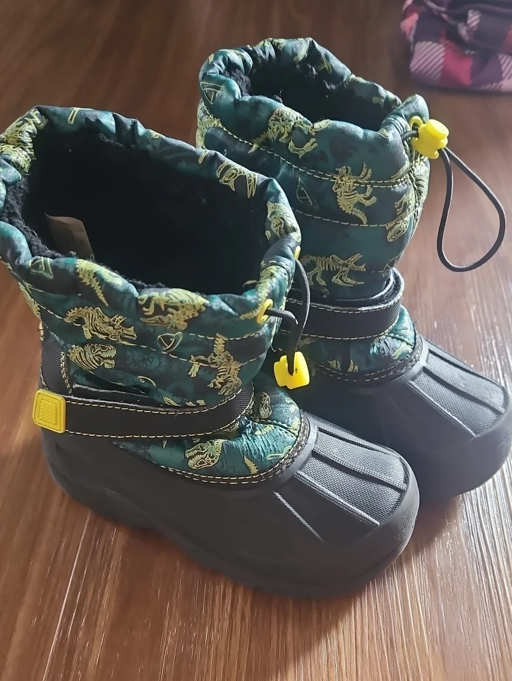 Kids Green & Black Winter Boots with Dinosaur Print